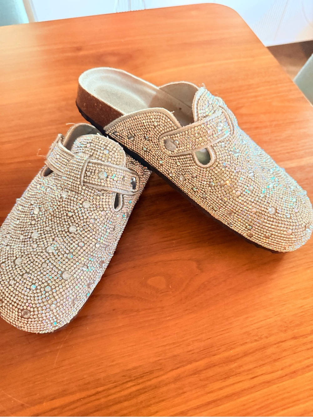 Hot Cakes Beige Rhinestone-Embellished Slip-On Clogs
